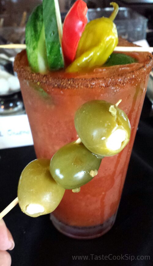 Old Bay rim, my from scratch family recipe Bloody Mary with lots of horseradish, Tabasco, Worcestershire sauce and a garden of veggies to garnish. Blue cheese stuffed olives were great!